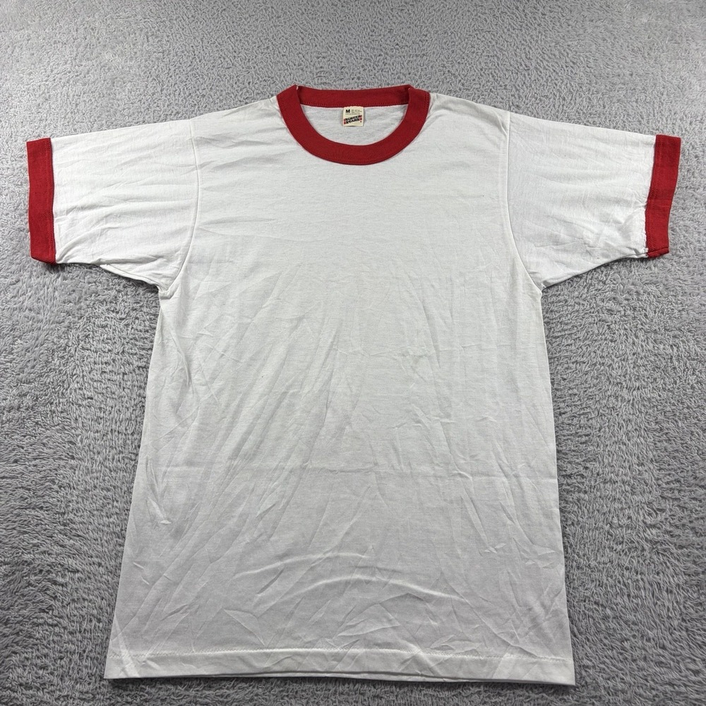 VINTAGE Screen Stars Ringer T Shirt Mens Medium White Red USA Paper Thin